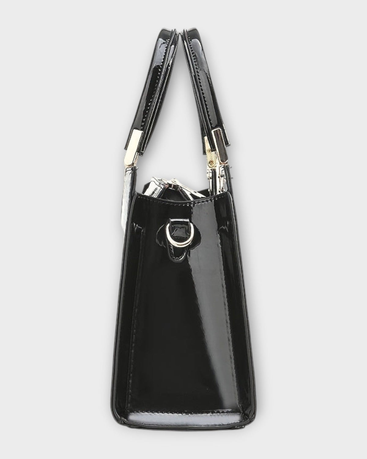 Black glossy crocodile pattern handbag by Lumina Wear with structured design and gold-tone hardware.