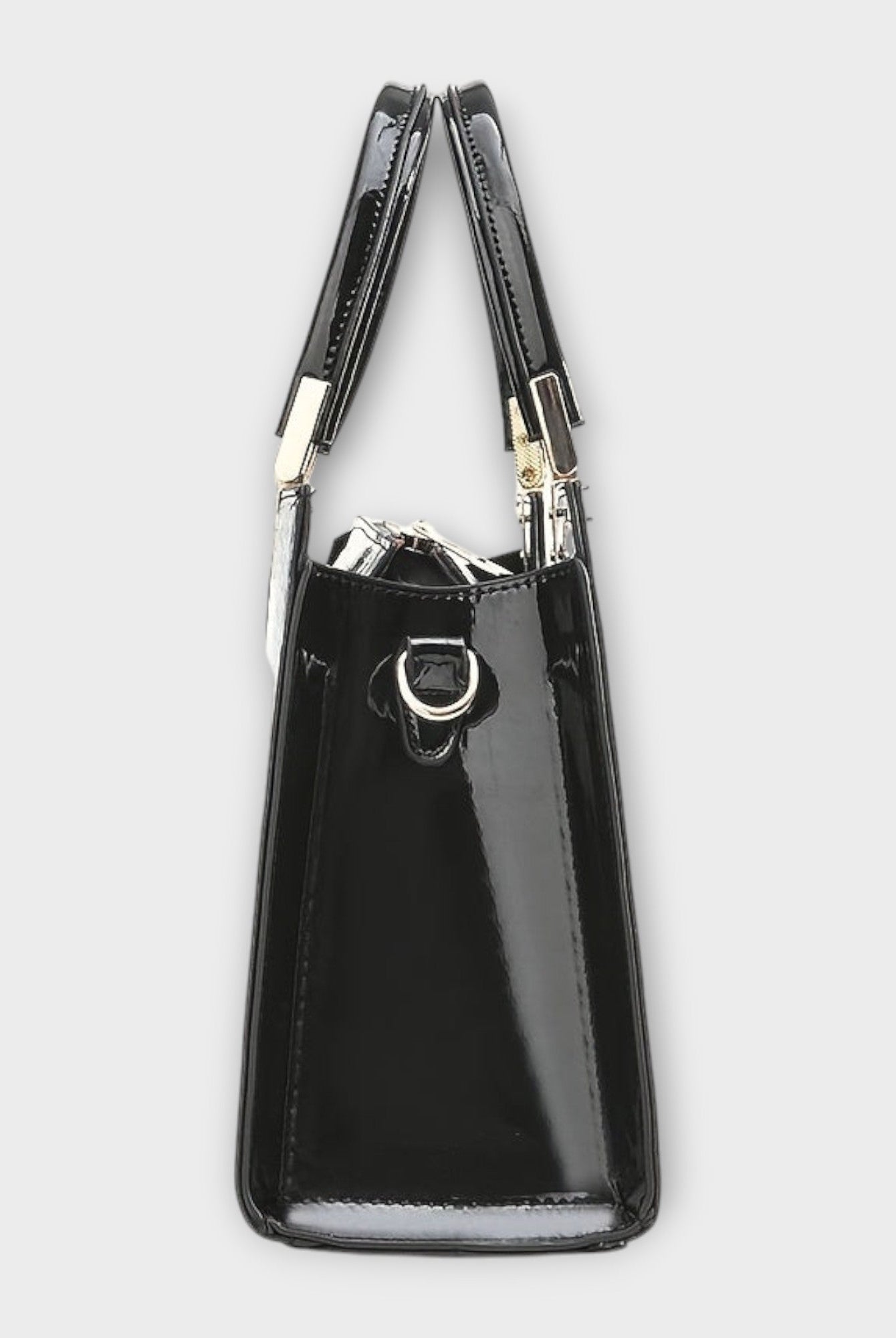 Black Victoria Lumina handbag with glossy crocodile pattern and structured design, featuring elegant stitching and gold-tone hardware.