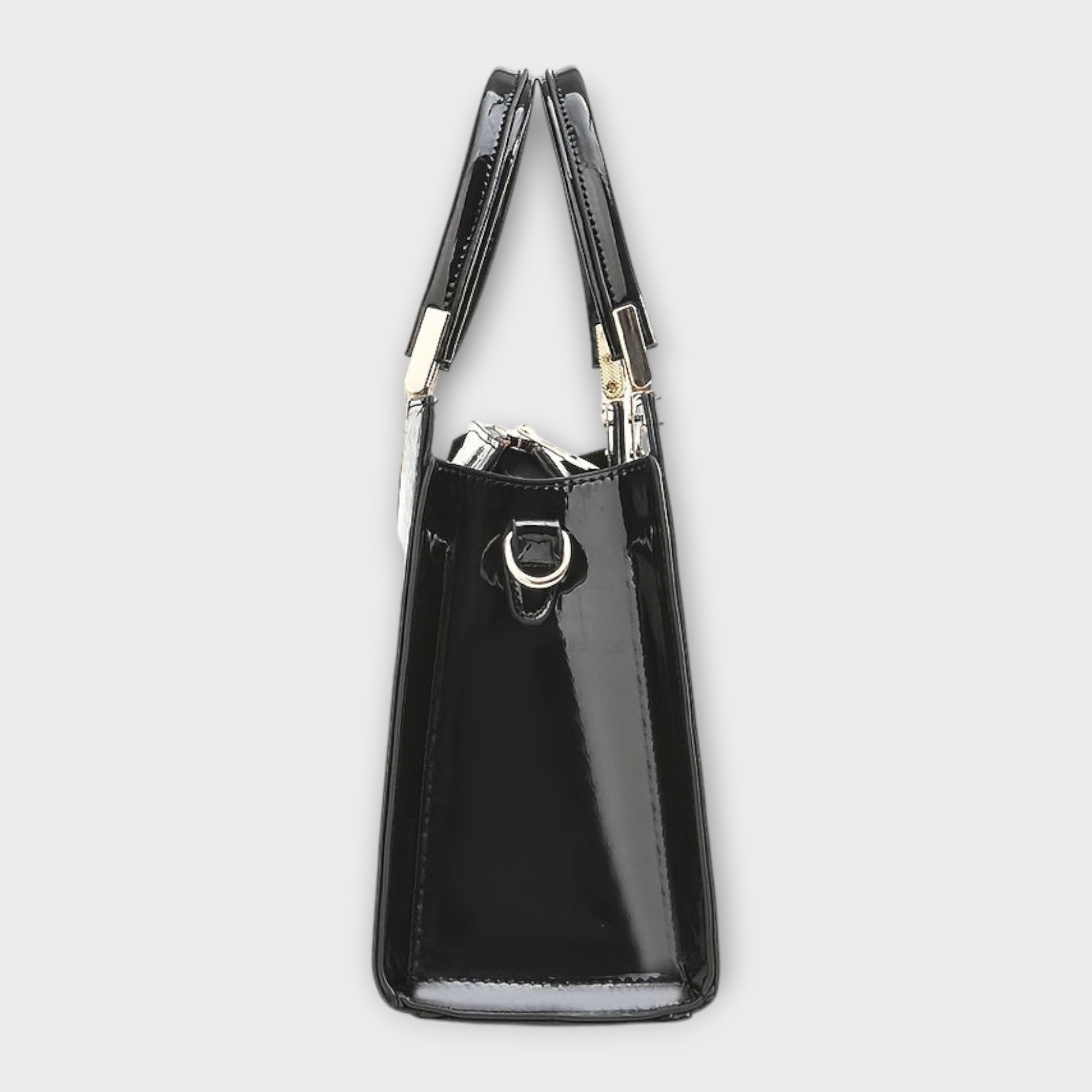 Black Victoria Lumina handbag with glossy crocodile pattern and structured design, featuring elegant stitching and gold-tone hardware.