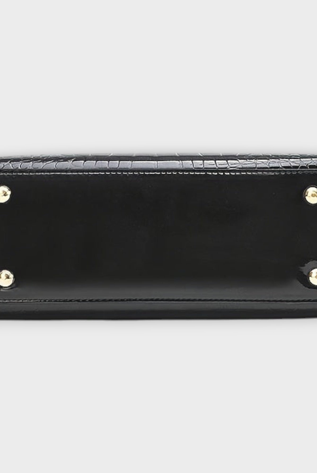Black Victoria Lumina glossy crocodile pattern handbag with structured design, featuring top handles and elegant detailing.