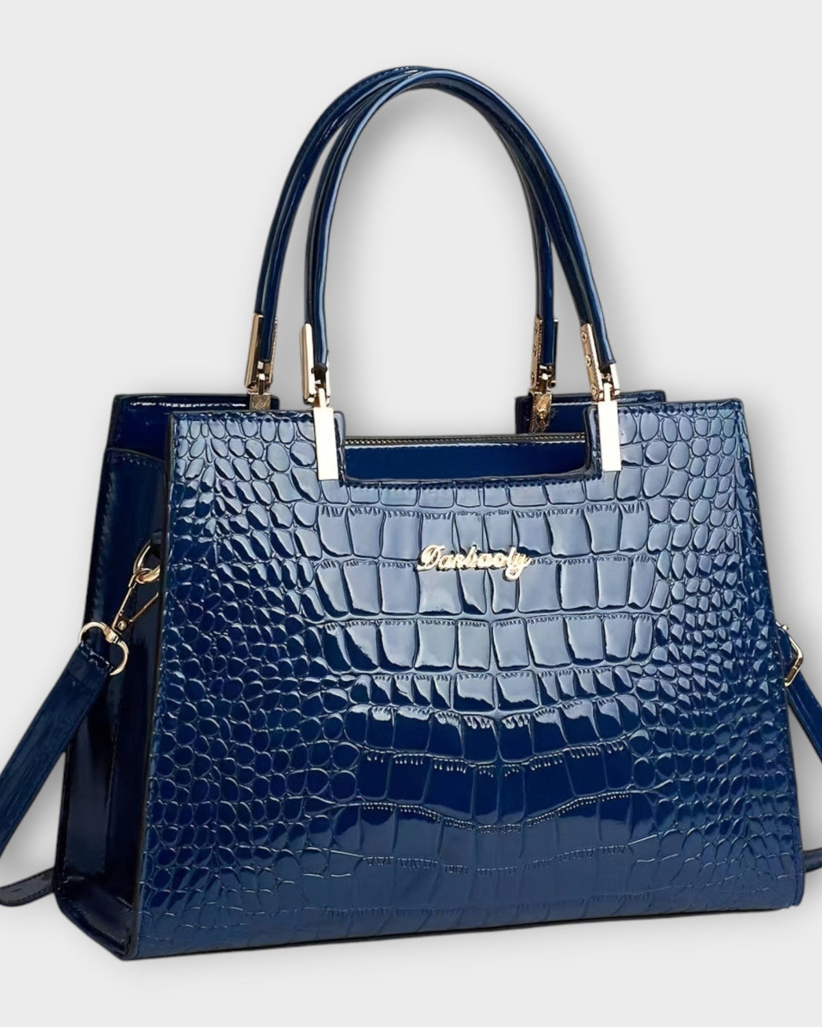 Black Victoria Lumina glossy crocodile pattern handbag with structured design and top handles, stylish and elegant for everyday use.