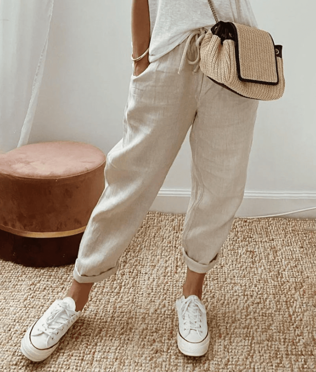 Light beige Lumina Wear Victoria casual trousers with a relaxed fit, lightweight fabric, and subtle print detail.
