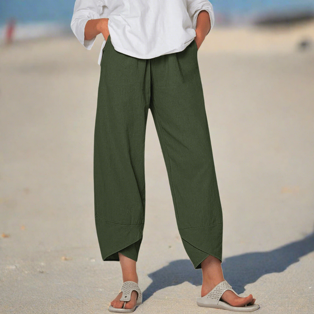 Victoria Lumina Wear lightweight relaxed fit white casual trousers shown with a comfortable fit and minimalist style.