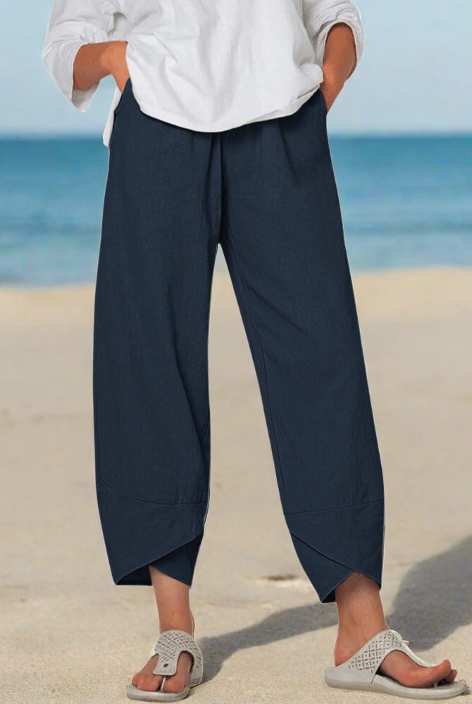 Victoria Lumina Wear lightweight relaxed fit white casual trousers shown in khaki, featuring a comfortable, casual style.
