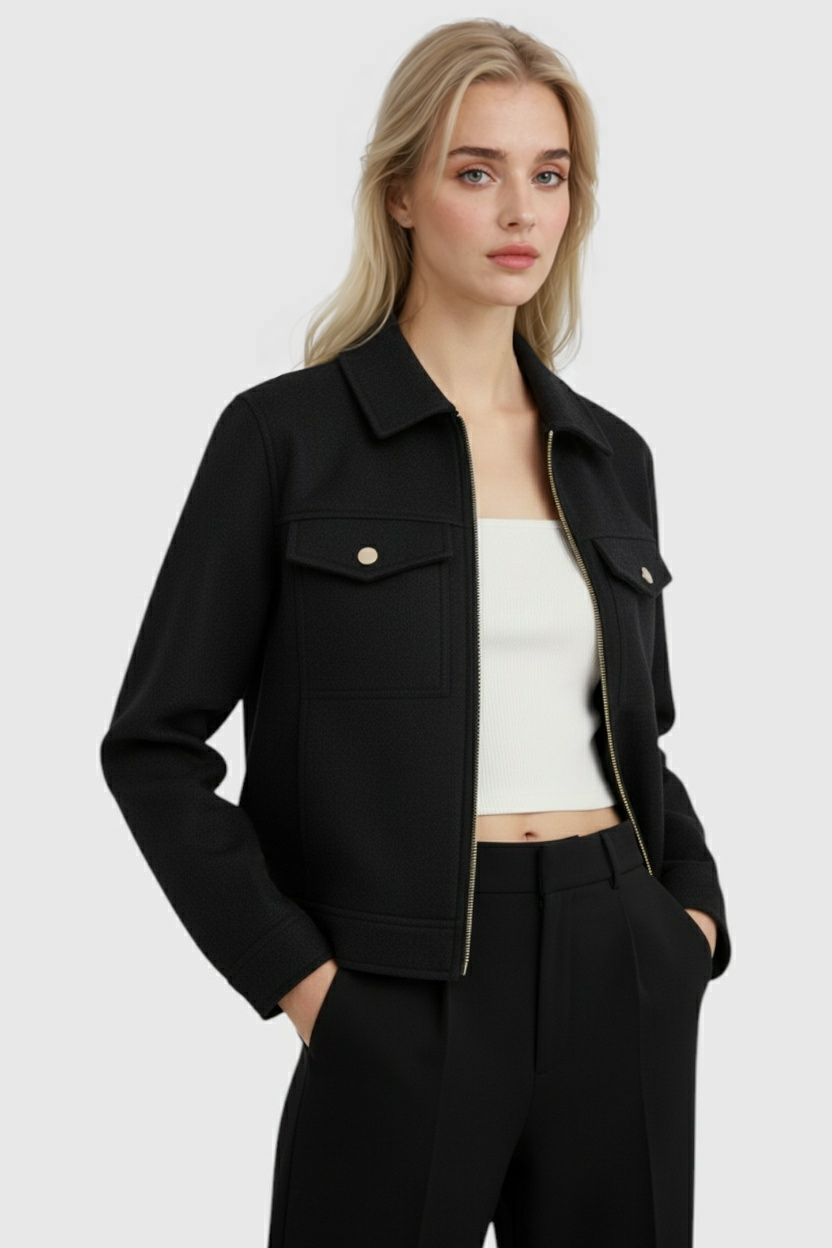 Black Victoria Lumina Wear modern cropped jacket with pockets, stylish outerwear for casual and chic looks.
