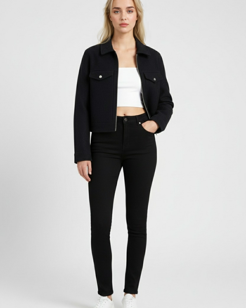 Black Victoria modern cropped jacket with pockets by Lumina Wear, stylish and lightweight for casual wear.