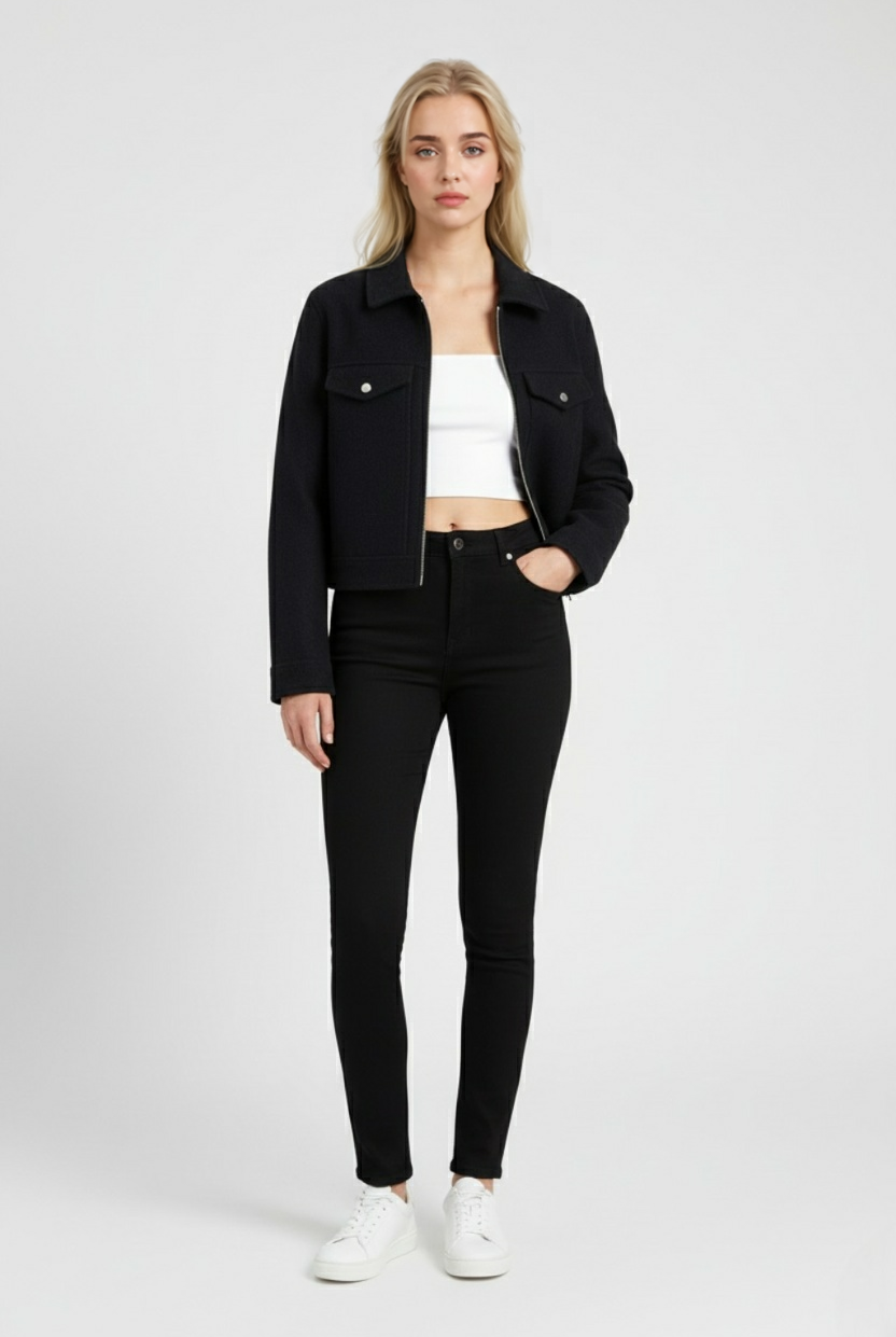 Black Victoria modern cropped jacket with pockets by Lumina Wear, featuring a stylish, contemporary design and lightweight fabric.