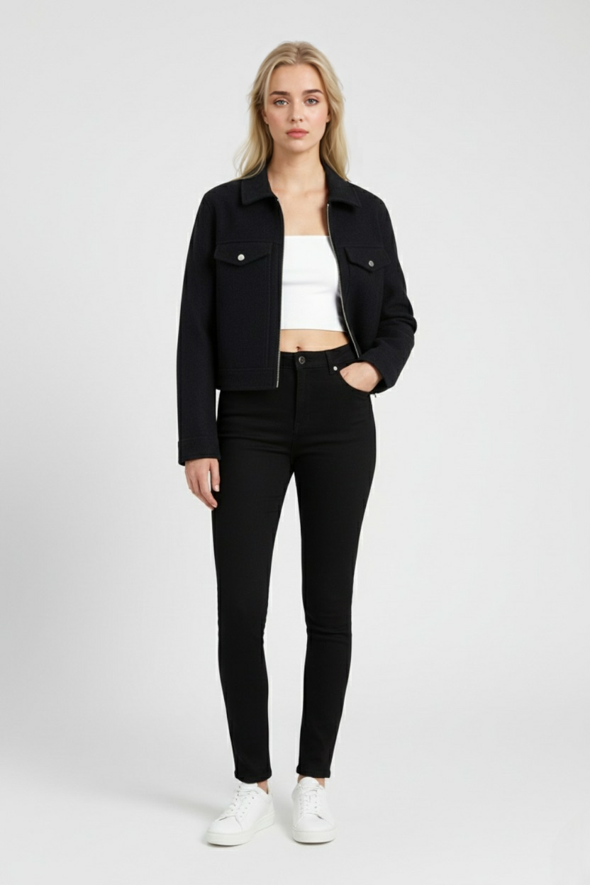 Black Victoria modern cropped jacket with pockets by Lumina Wear, featuring a stylish, contemporary design and lightweight fabric.