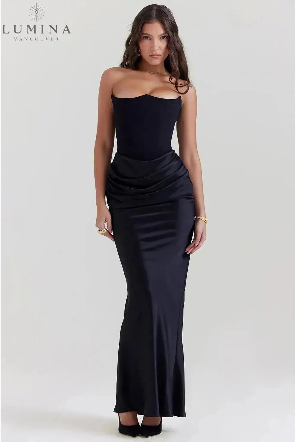 Victoria Noir satin black maxi dress by Lumina Wear, elegant evening gown with a sophisticated silhouette for special occasions.