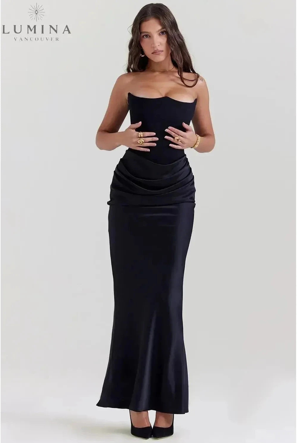 Victoria Noir black satin maxi evening dress by Lumina Wear, elegant wedding guest gown with sophisticated style.