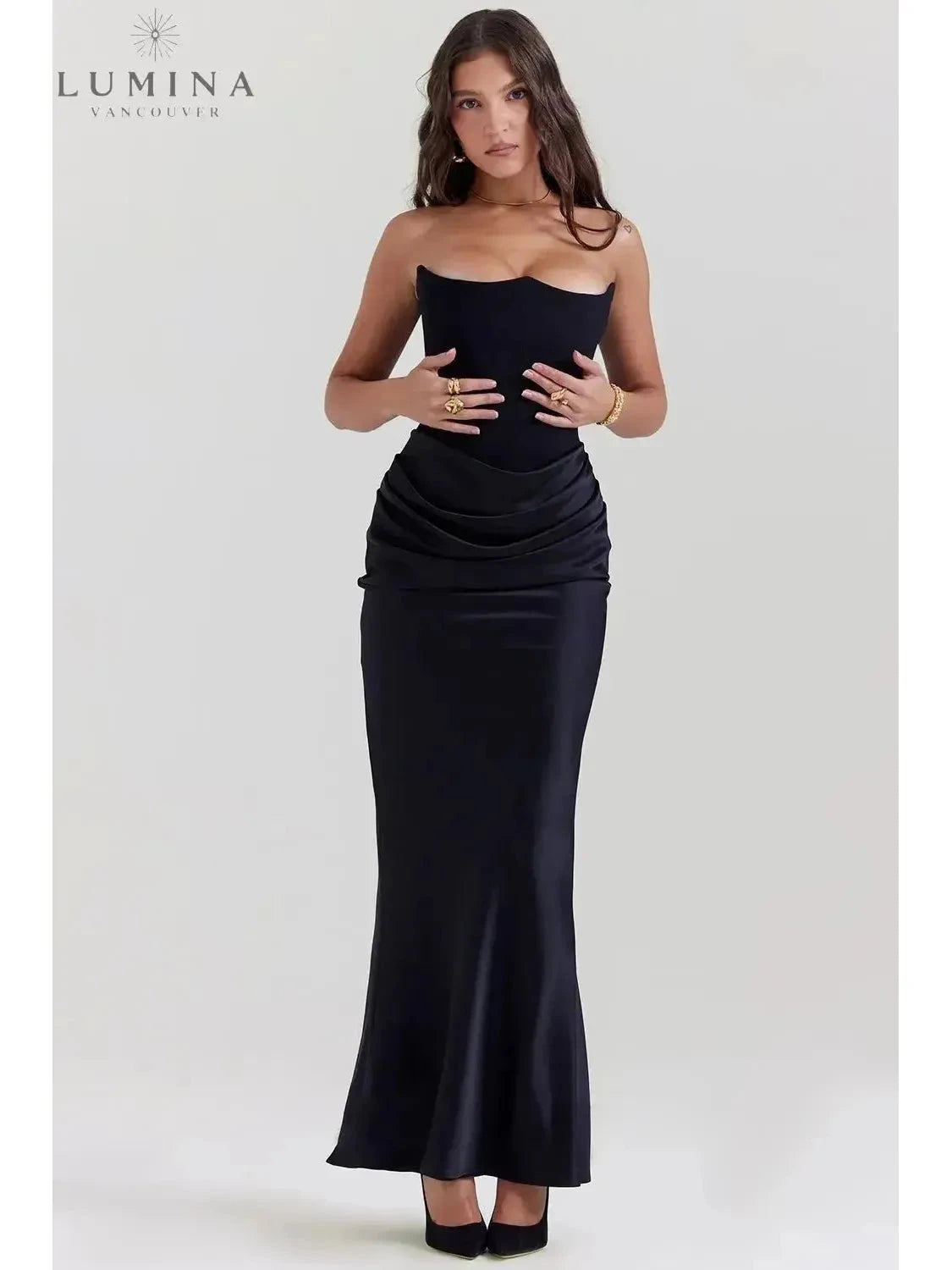 Victoria Noir satin black maxi dress by Lumina Vancouver, elegant wedding guest dress with sophisticated style and a flowing silhouette.