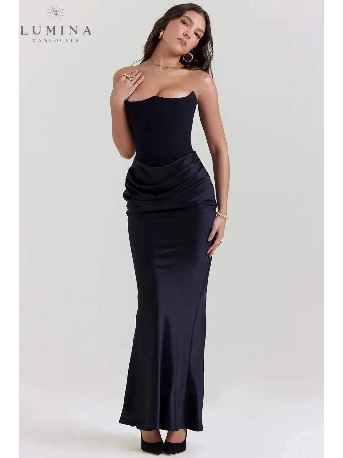 Victoria Noir satin black maxi dress by Lumina Vancouver, elegant wedding guest dress with sophisticated fit and flowing design.