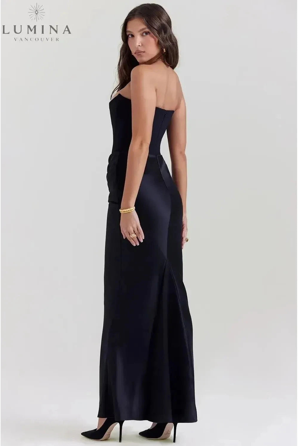 Victoria Noir satin black maxi evening dress by Lumina Wear, elegant long gown with sophisticated style, perfect for formal occasions.
