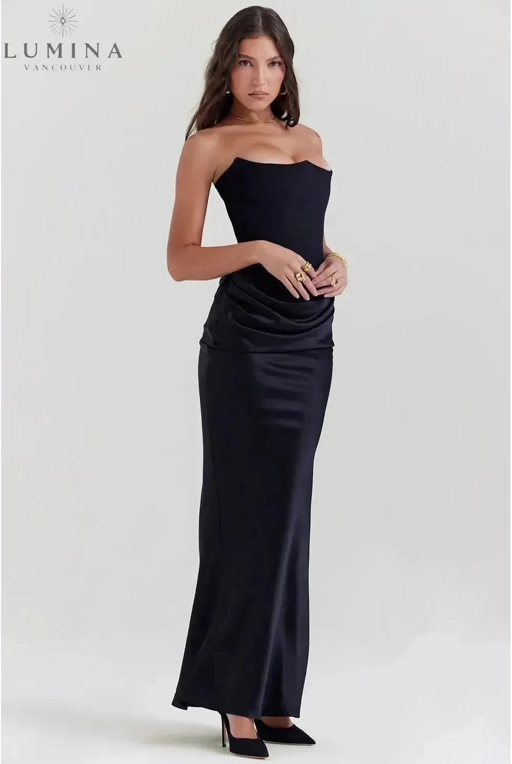 Victoria Noir Lumina Wear satin black maxi dress, elegant evening gown with a sophisticated design, perfect for formal occasions.