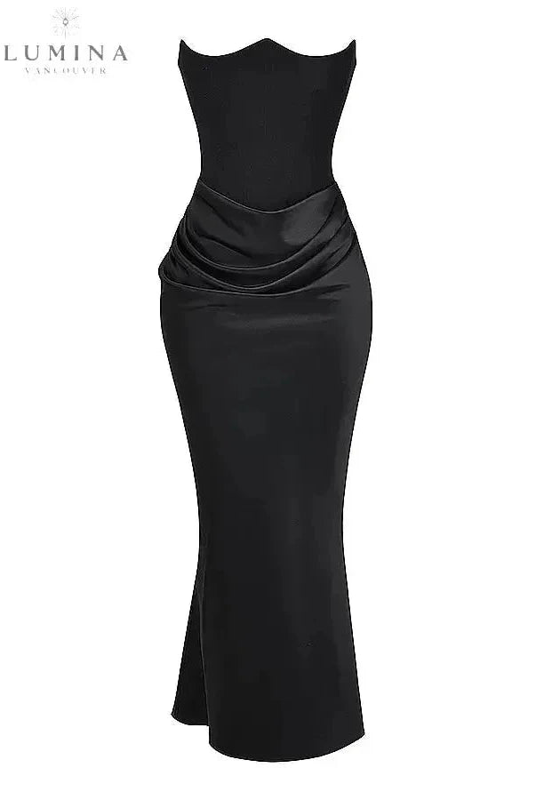 Victoria Noir satin black maxi dress by Lumina Wear, elegant evening dress with a sophisticated silhouette for formal occasions.