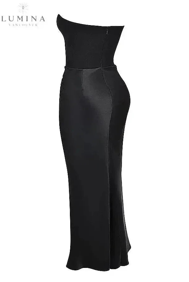 Victoria Noir sophisticated satin black maxi evening dress by Lumina Wear, featuring elegant design for wedding guests.