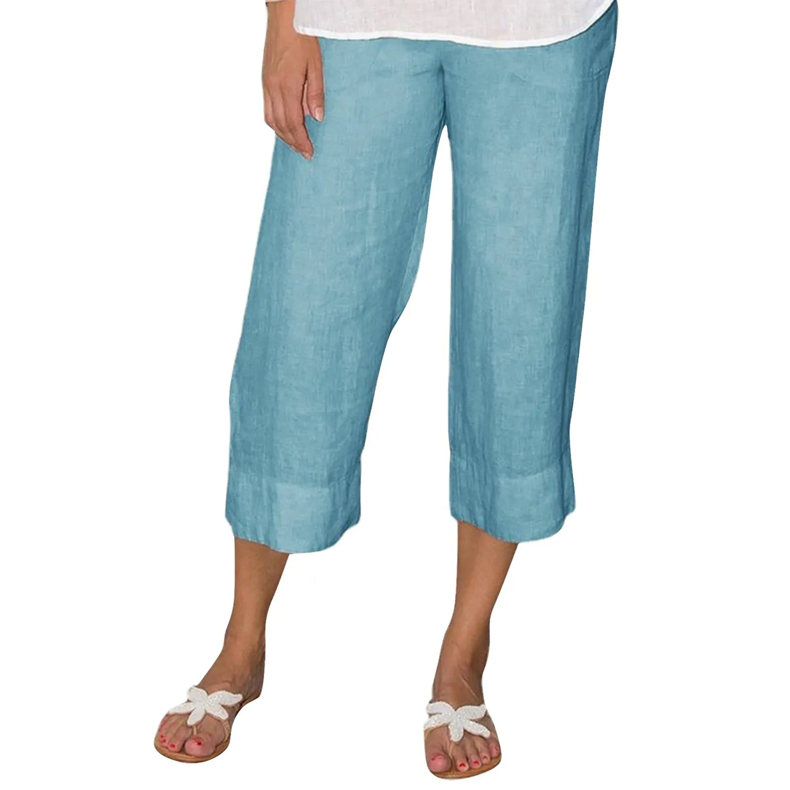 Victoria beige linen trousers with drawcord from Lumina Wear, relaxed fit, shown with a casual style.