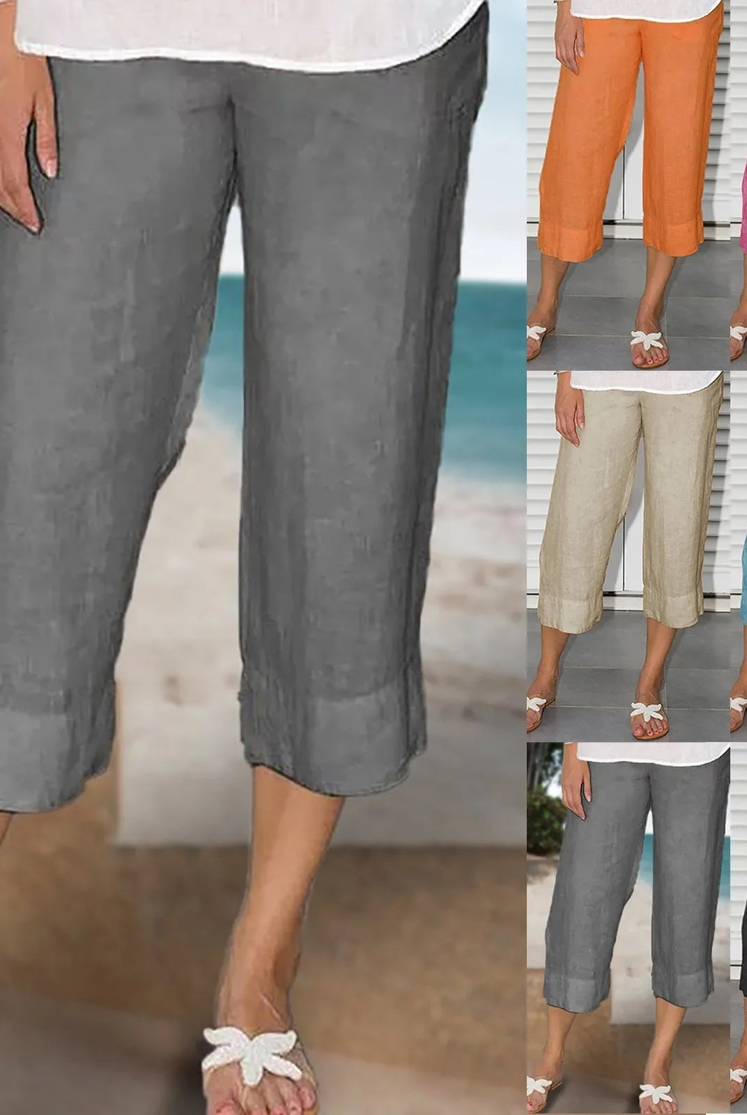 Victoria beige linen trousers with drawcord by Lumina Wear, relaxed fit, lightweight fabric, shown on a model.