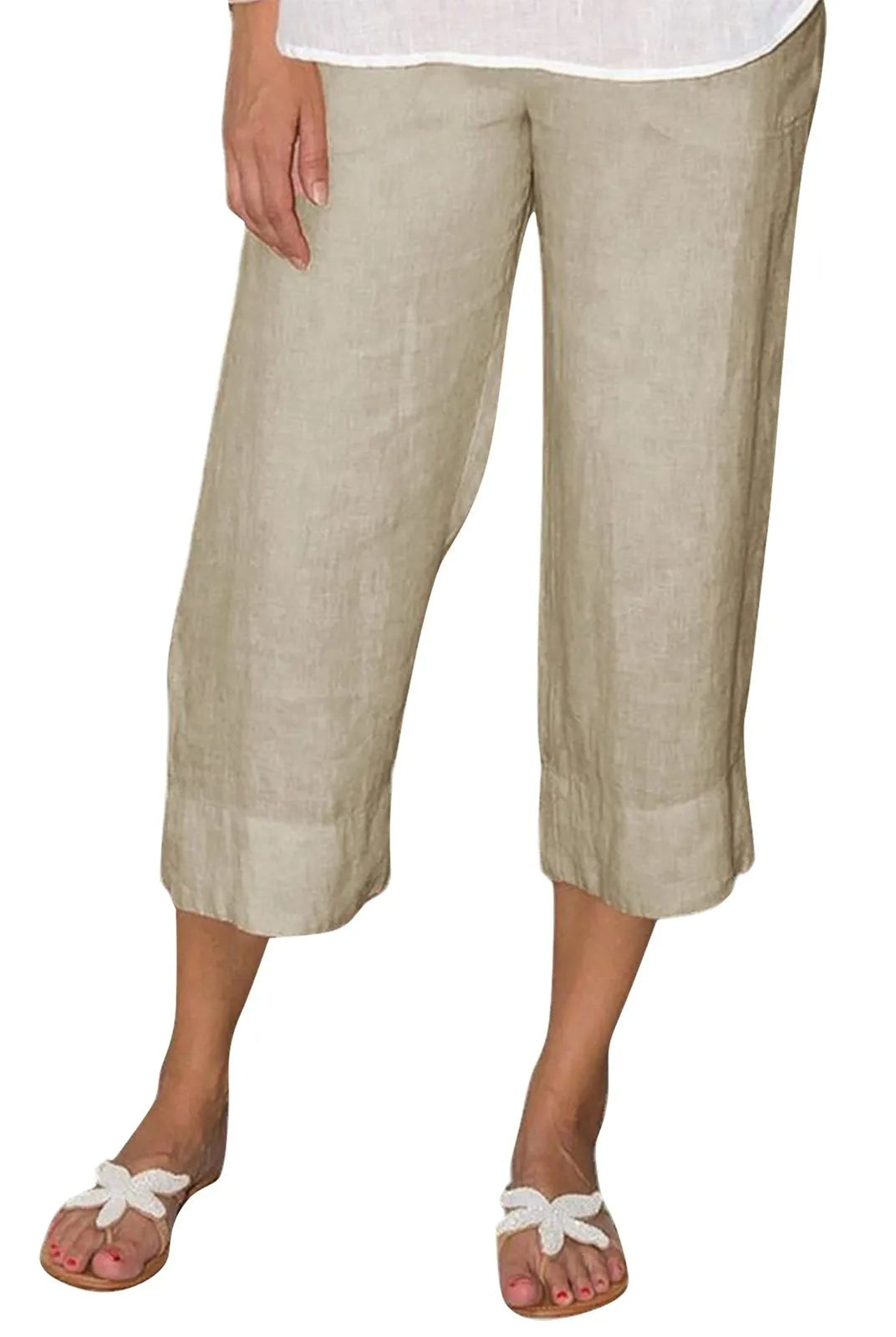 Victoria beige linen trousers with drawcord from Lumina Wear, relaxed fit, shown with waist and leg details.