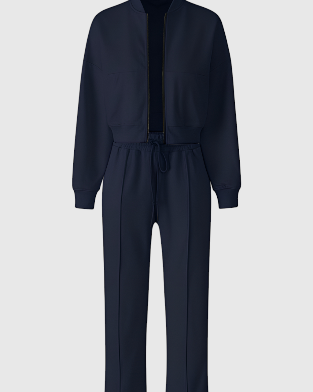 Victoria Lumina Wear relaxed fit dark blue sweatpants and sweatshirt set with zipper accents, casual activewear for comfortable style.