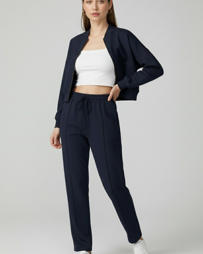 Victoria dark blue relaxed fit sweatpants and sweatshirt set with zipper accents from Lumina Wear, casual activewear for comfortable style.