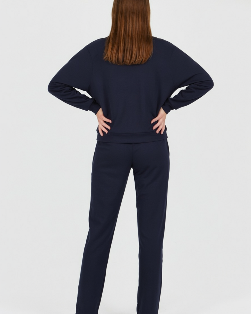 Victoria Lumina Wear relaxed fit dark blue sweatpants and sweatshirt set with zipper accents, casual activewear ensemble.