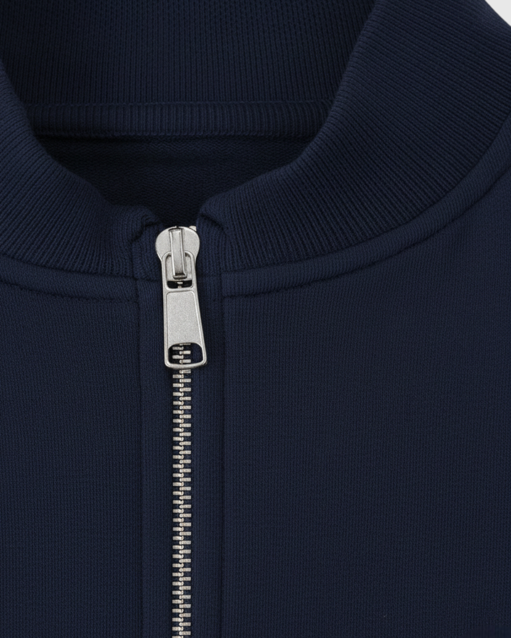 Victoria Lumina Wear relaxed fit dark blue sweatpants and sweatshirt set with zipper accents, casual activewear for comfortable style.