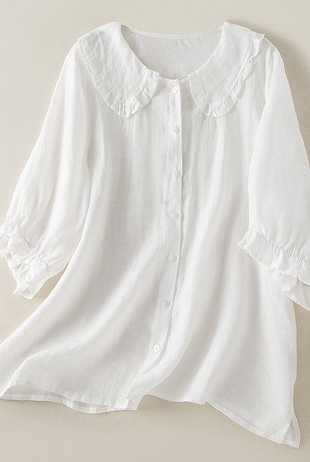 Blue Victoria women's top with a relaxed fit and ruffle collar, perfect for effortless summer style by Lumina Wear.