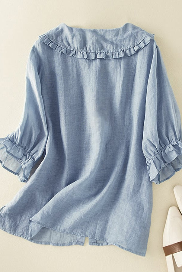 Blue Victoria relaxed fit ruffle collar top for women, stylish summer Lumina Wear women's top with casual, effortless design.