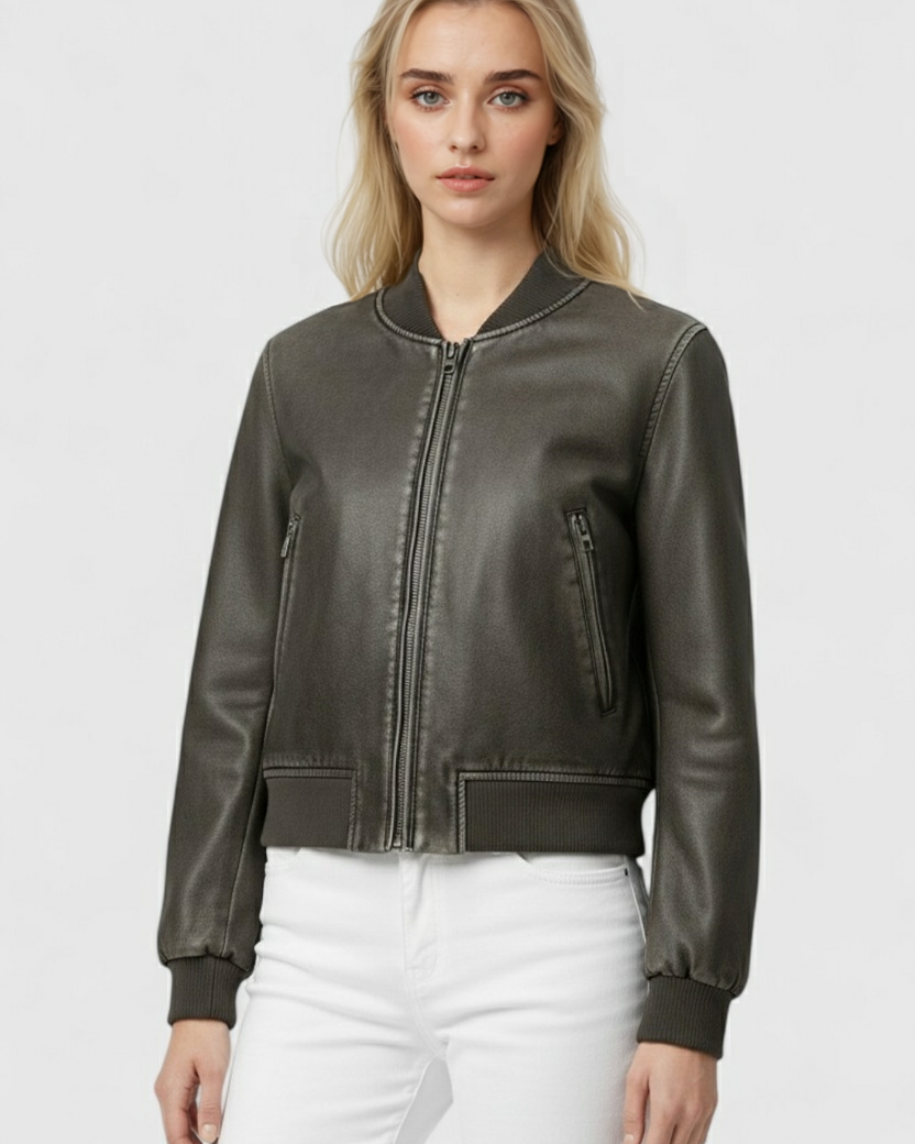 Black Victoria bomber jacket by Lumina Wear featuring retro-inspired design and modern comfort, shown on a model.