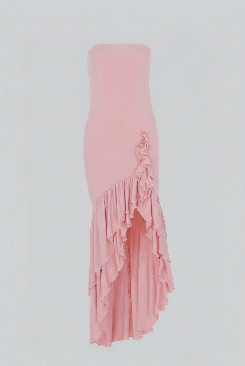 Victoria pink evening dress with ruffle details by Lumina Wear, featuring a romantic style and elegant design for women.