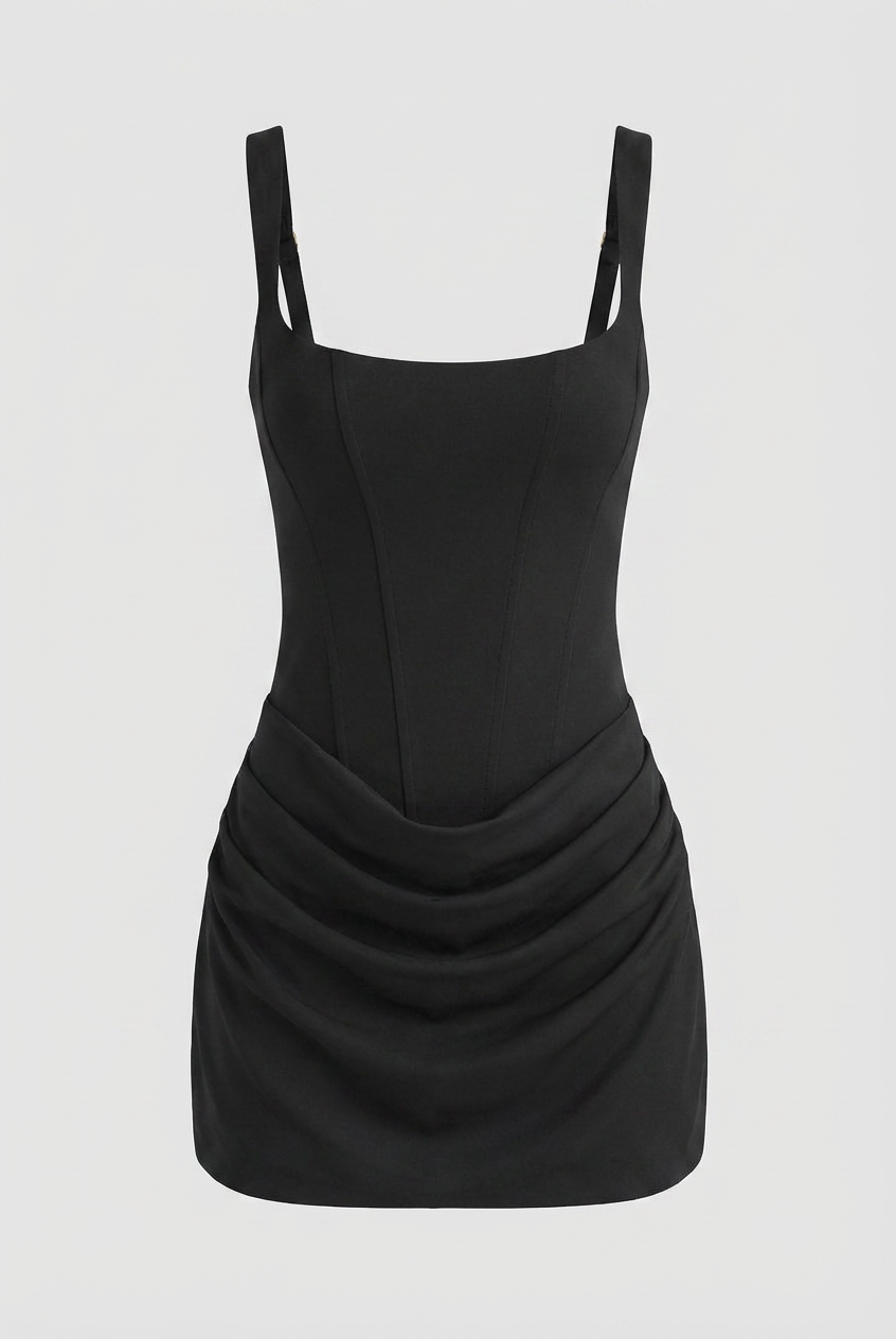 Victoria black mini dress by Lumina Wear, sculpted fit with hourglass silhouette, shown in a stylish dress image.