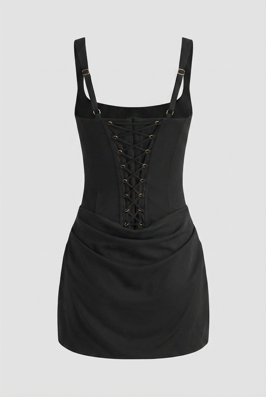 Victoria black mini dress by Lumina Wear featuring a sculpted fit and hourglass silhouette, perfect for stylish evening wear.