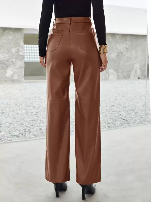 Victoria Lumina slim fit black leather trousers for women with soft finish, showcasing a sleek, tailored look and soft leather texture.