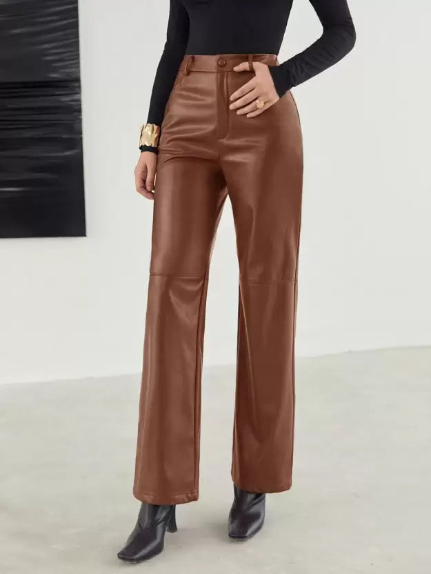 Victoria Lumina women's slim fit black leather trousers with soft finish, shown on a model. Stylish and form-fitting design.