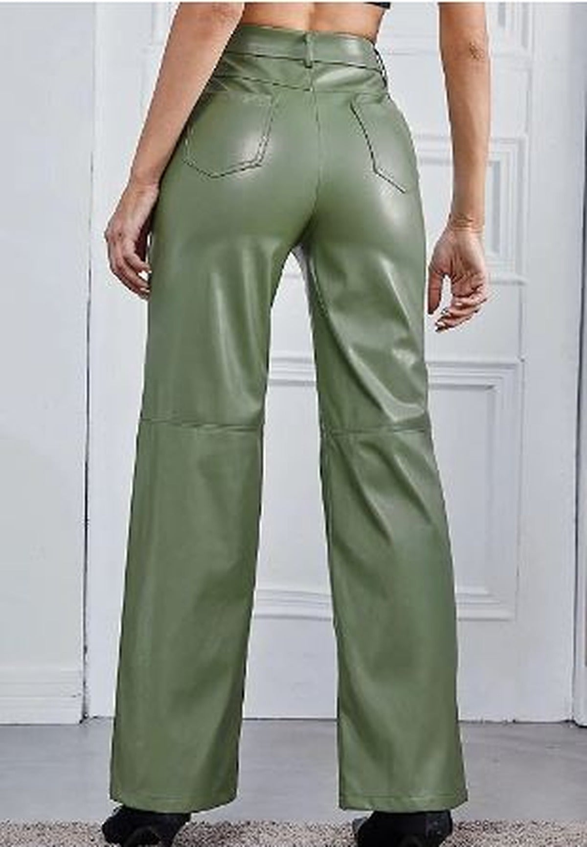 Victoria slim fit black faux leather trousers for women by Lumina Wear, featuring a soft finish and tailored design.