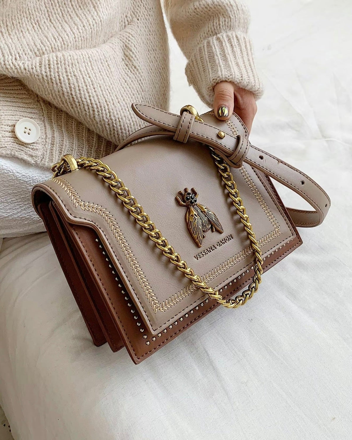 Lumina Victoria structured chain handbag in khaki with elegant detailing and chic accents, stylish for any occasion.