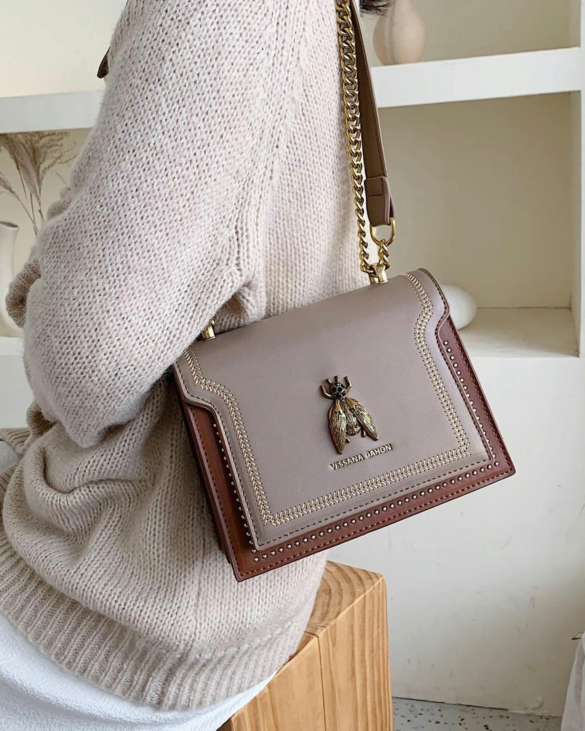Lumina Wear Victoria structured chain handbag in khaki with elegant detailing and chic design, perfect for stylish occasions.