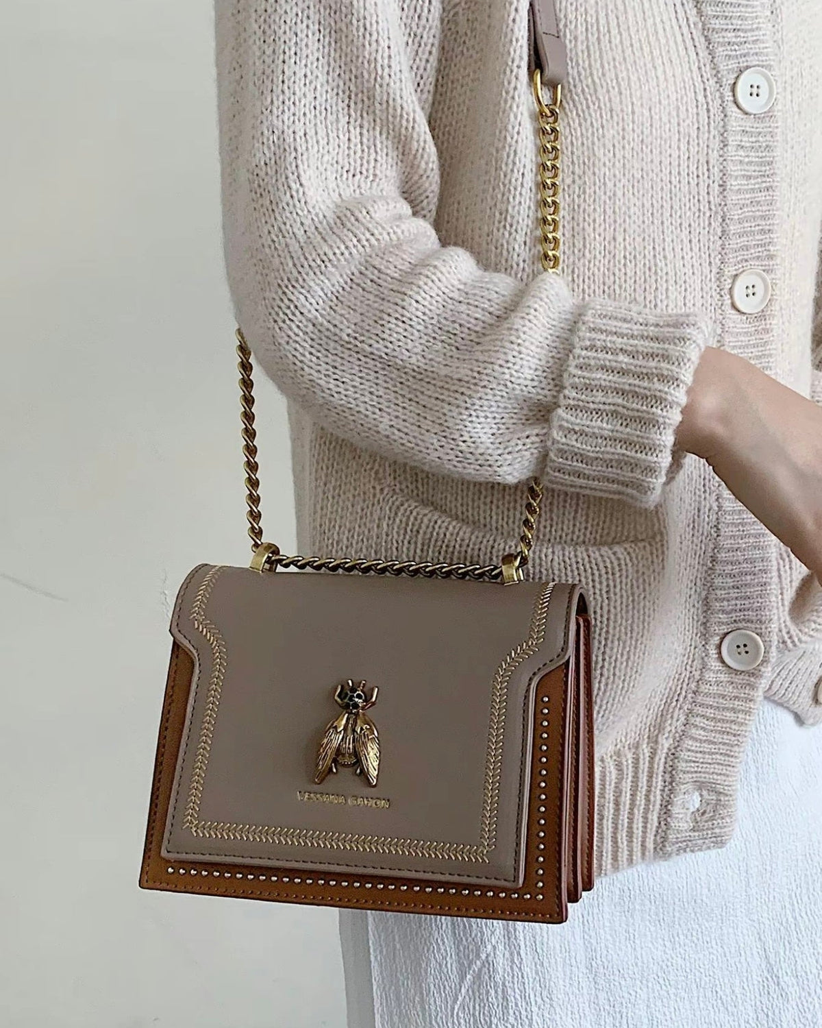 Lumina Wear Victoria structured chain handbag in khaki with elegant detailing and chic design, perfect for sophisticated style.