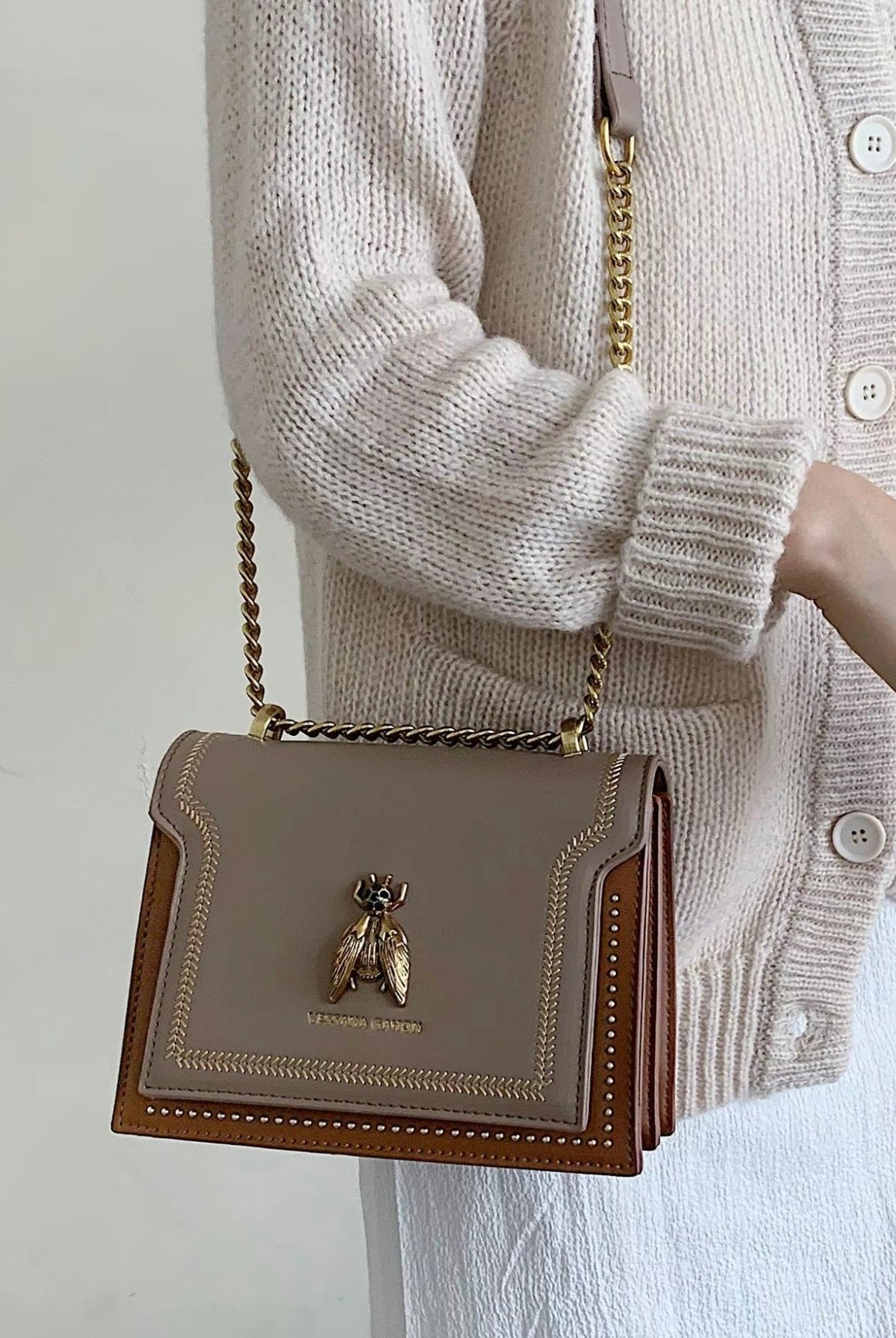 Lumina Wear Victoria structured chain bag in khaki with elegant design and chic detailing, perfect for stylish handbags.