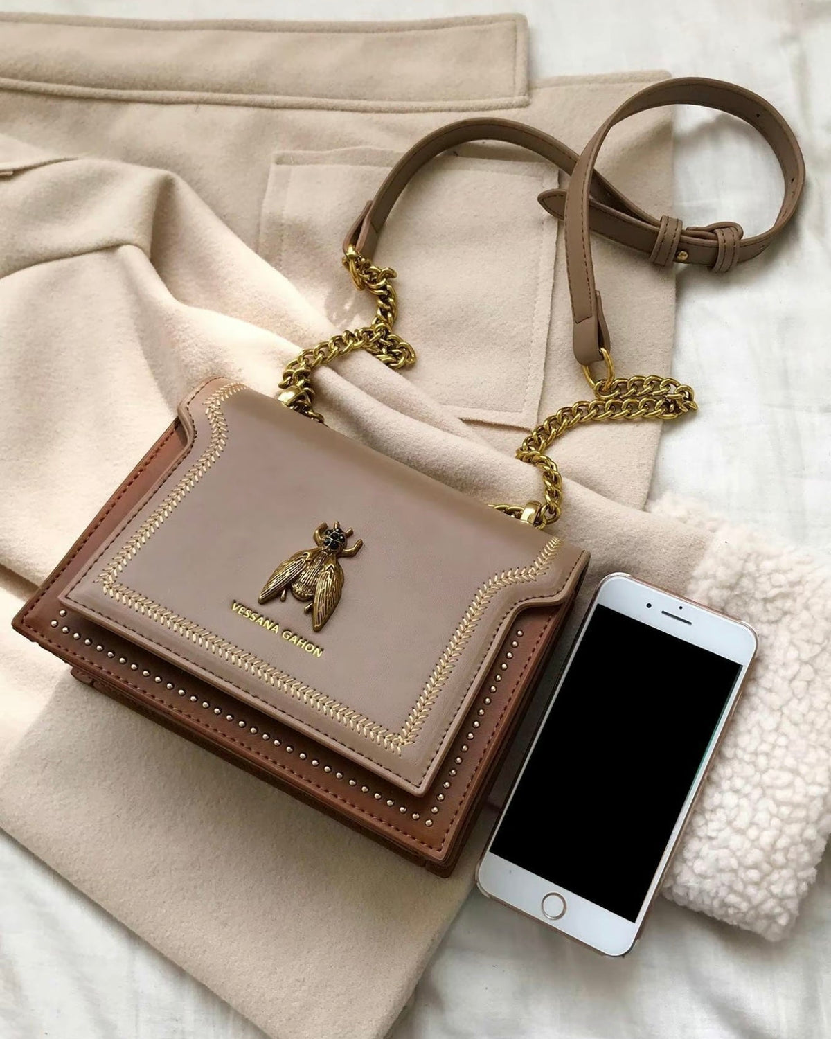 Lumina Wear Victoria structured chain handbag in khaki with elegant detailing and chic accents, stylish and versatile for fashion.