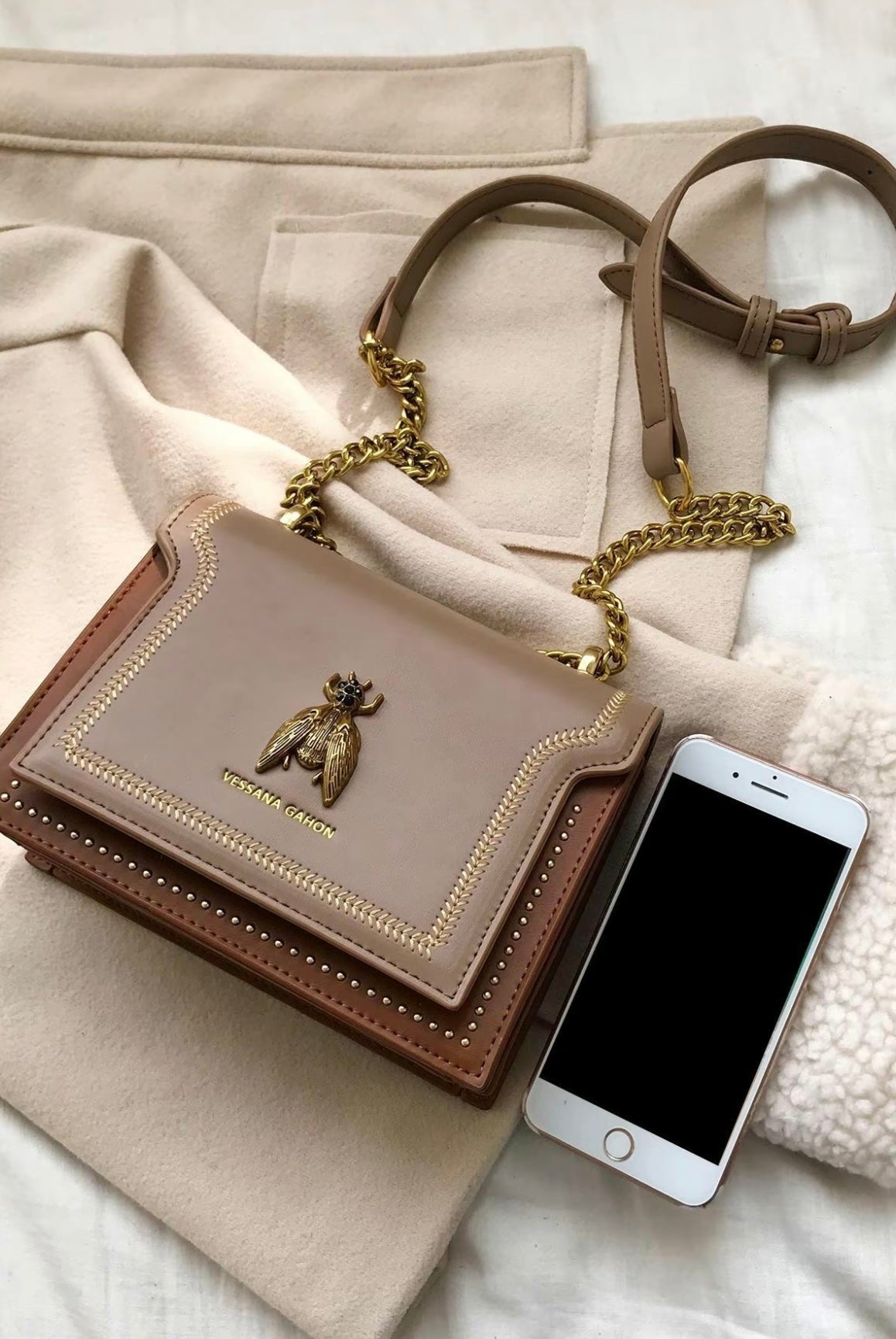 Lumina Wear Victoria structured chain handbag with chic detailing, khaki color, elegant design, and versatile style.