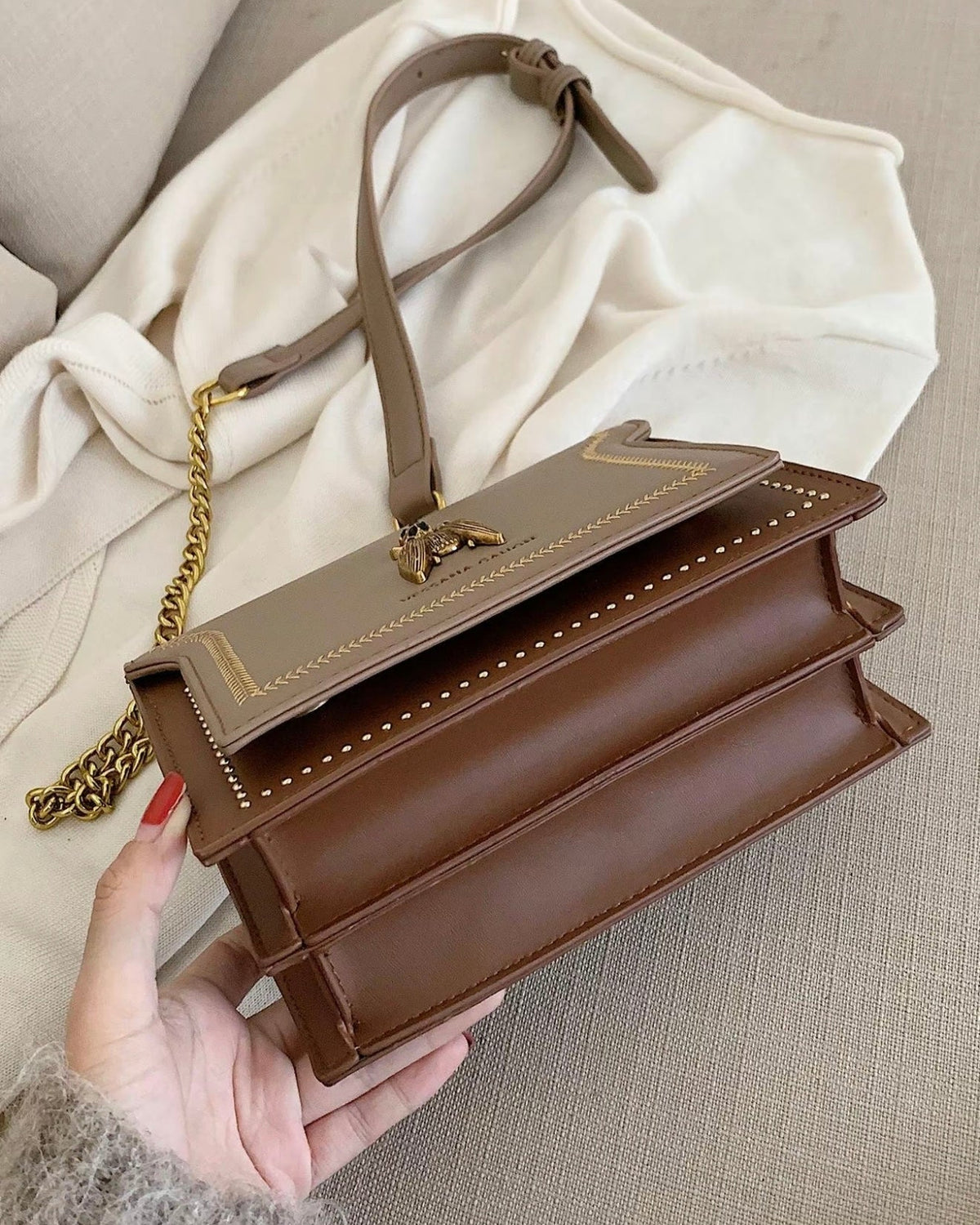 Lumina Wear Victoria structured chain handbag in khaki with elegant detailing and chic design, perfect for stylish occasions.