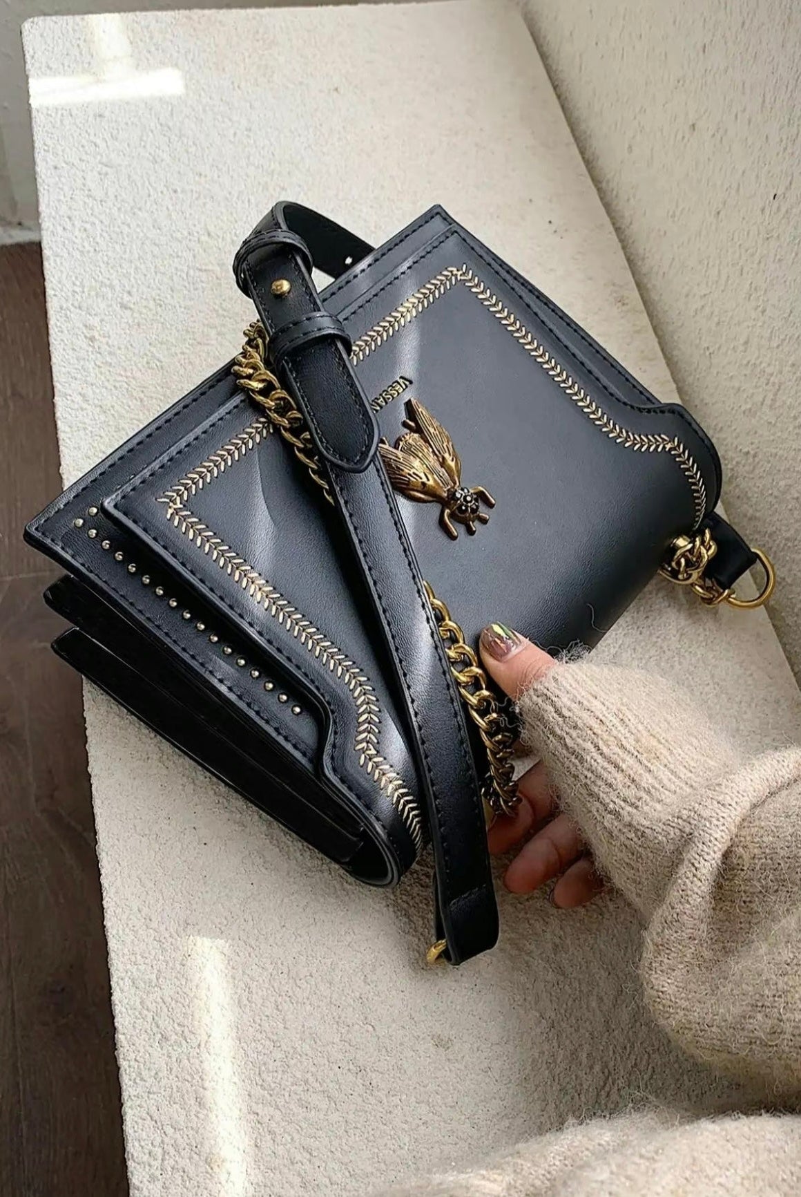 Lumina Wear Victoria structured chain bag in khaki with elegant detailing, chic design, and sophisticated handbag style.