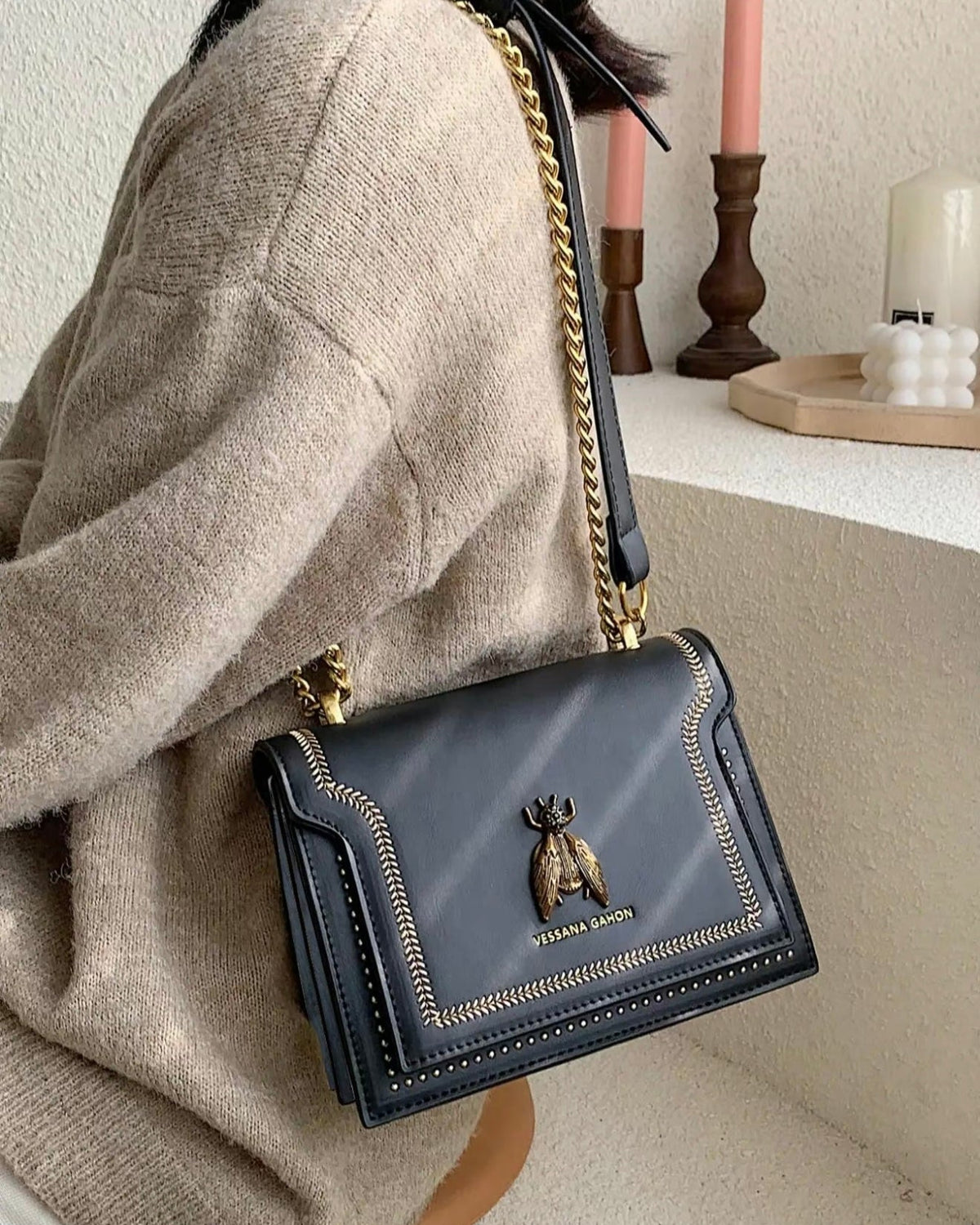 Khaki Victoria Lumina Wear structured chain handbag with elegant detailing and chic design, perfect for stylish occasions.
