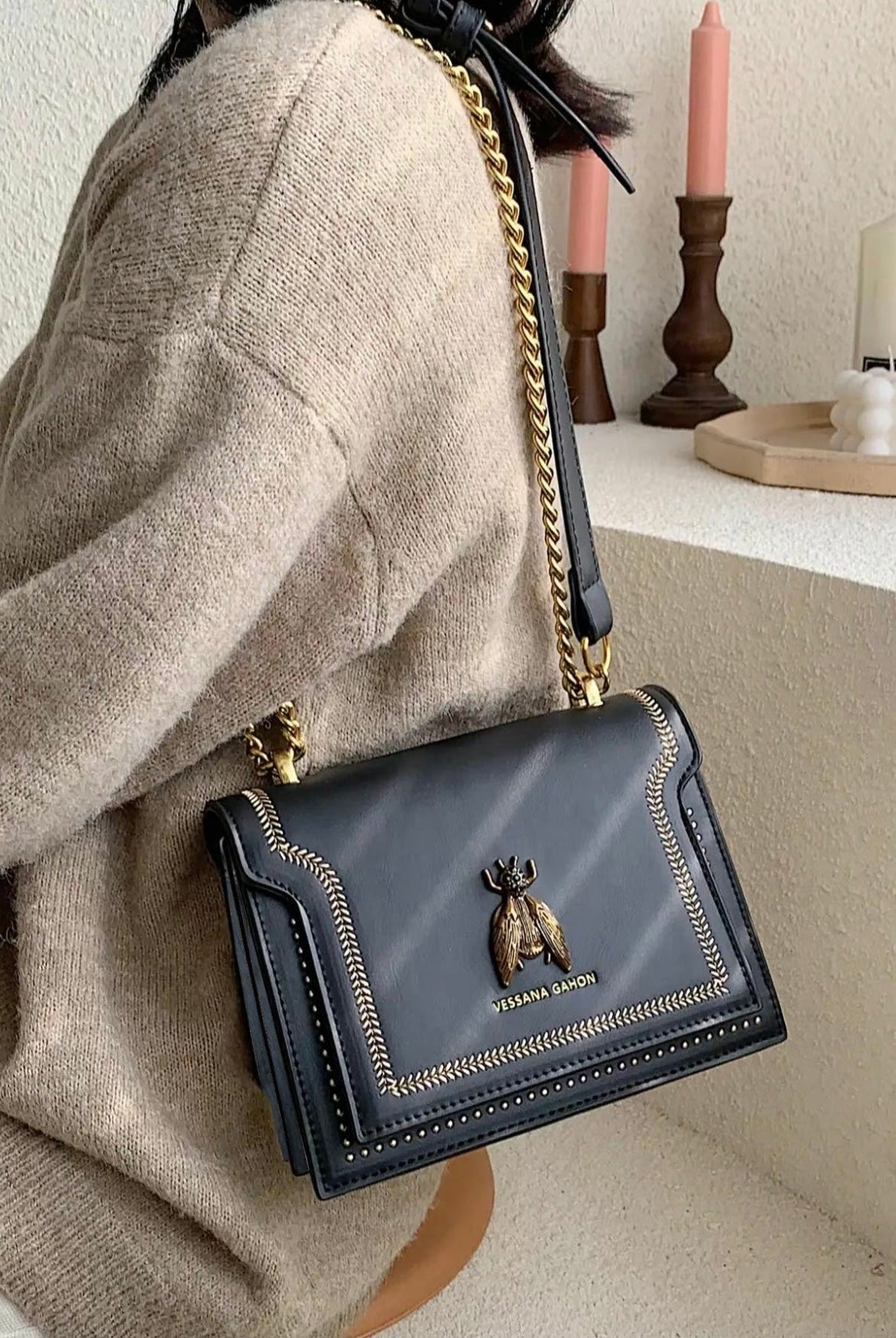 Lumina Wear Victoria structured chain bag in khaki with elegant detailing, stylish handbag with chic accents.