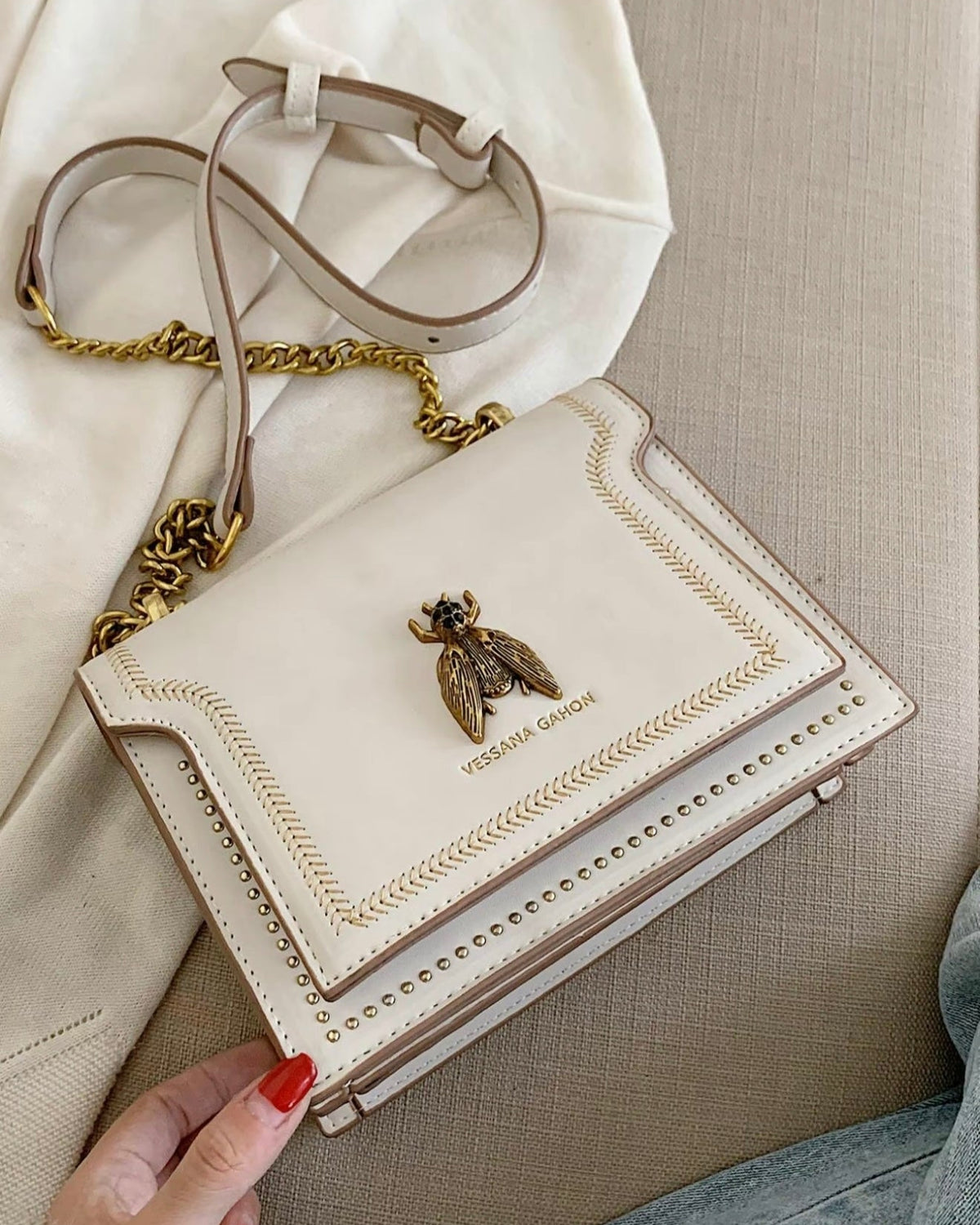 Lumina Victoria structured chain bag in khaki with elegant detailing, stylish handbag featuring a chic design and metallic chain strap.