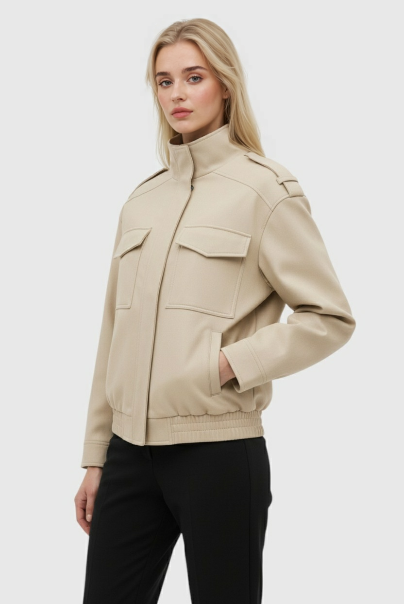 Victoria beige bomber jacket with stand collar from Lumina Wear, stylish casual outerwear for women.