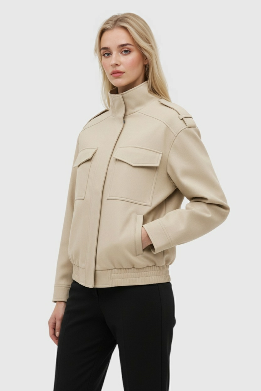 Victoria beige bomber jacket with stand collar from Lumina Wear, stylish casual outerwear for women.