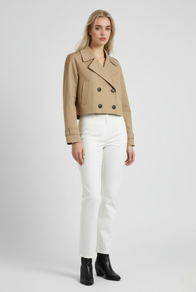 Lumina Wear Victoria khaki women's windbreaker with double-breasted design, stylish lightweight jacket for versatile outdoor wear.